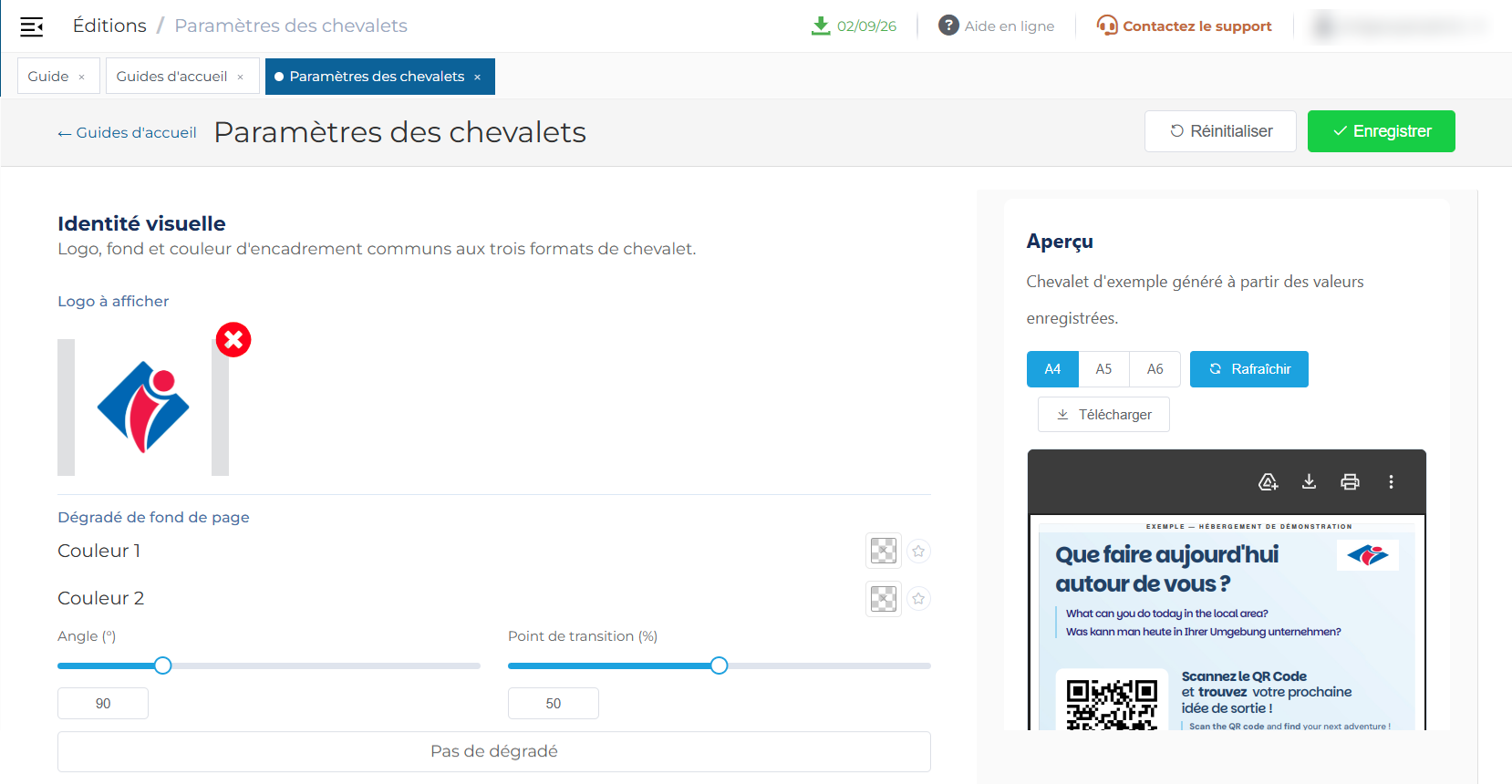 Écran de paramétrage des chevalets du guide d'accueil : formulaire de configuration à gauche, aperçu du chevalet généré à droite.